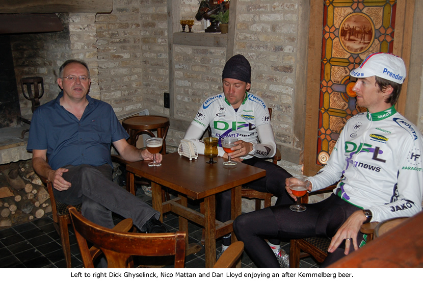 Image of Dick Ghyselinck, Nico Mattan and Dan Lloyd having an after training beer 